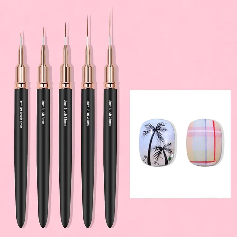 "Pincéis de Arte para Unhas Black Nail Liner - 5 Tamanhos para Designs Detalhados, Linhas Longas e Arte de Manicure (8/12/20/25mm)"