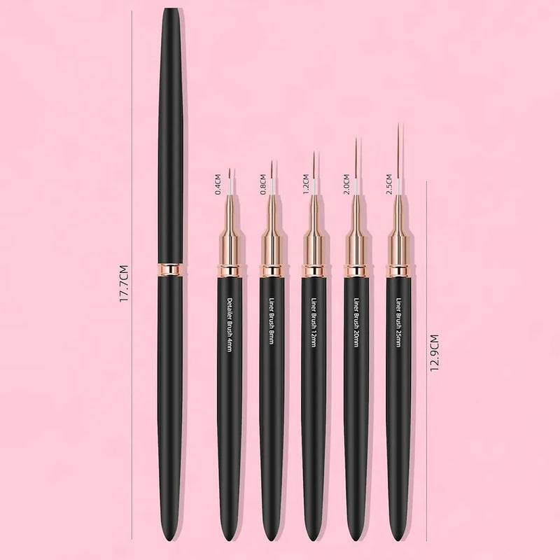 "Pincéis de Arte para Unhas Black Nail Liner - 5 Tamanhos para Designs Detalhados, Linhas Longas e Arte de Manicure (8/12/20/25mm)"