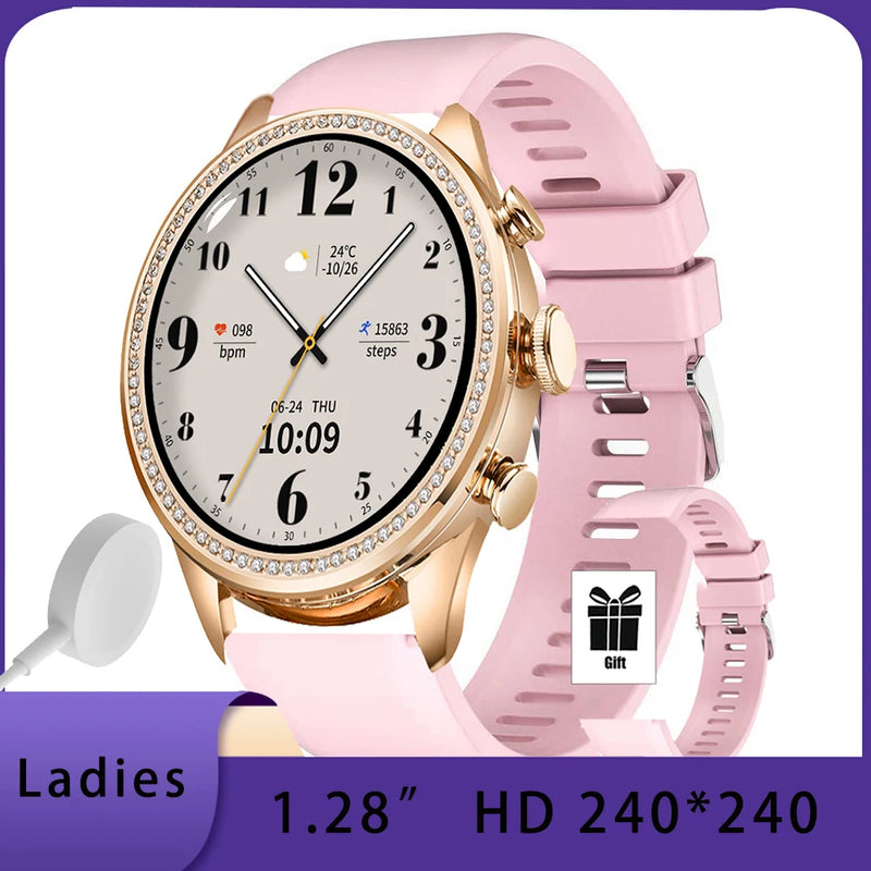 Relógio Smart Feminino 1.28” HD com Chamadas Bluetooth, Foto Personalizada, Carregamento Sem Fio e Funções Multiesportivas