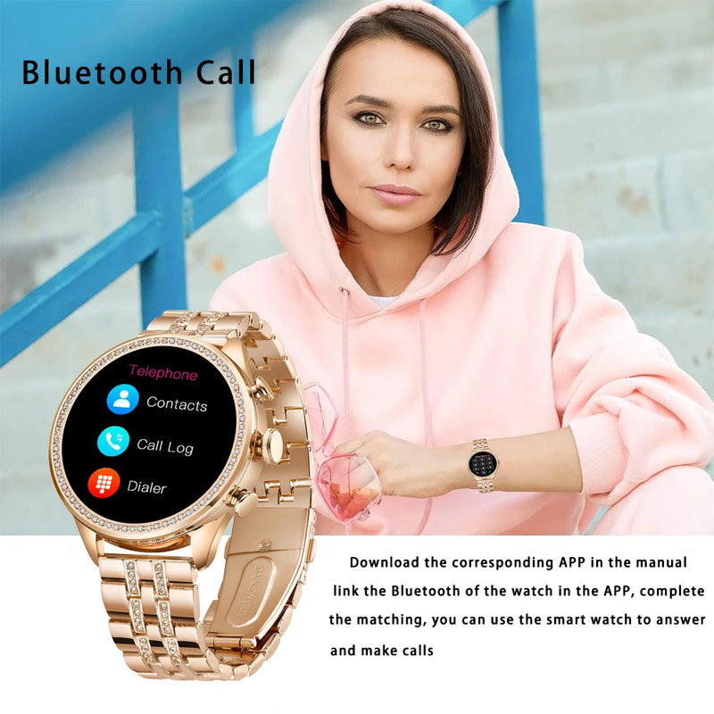 Relógio Smart Feminino 1.28” HD com Chamadas Bluetooth, Foto Personalizada, Carregamento Sem Fio e Funções Multiesportivas