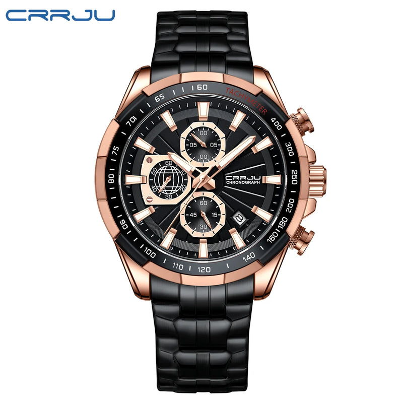 Relógio Masculino CRRJU: Design Criativo com Cronógrafo, Pulseira em Aço Inoxidável e Luminoso para Esporte e Casual