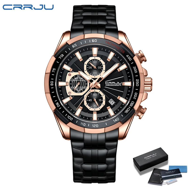 Relógio Masculino CRRJU: Design Criativo com Cronógrafo, Pulseira em Aço Inoxidável e Luminoso para Esporte e Casual