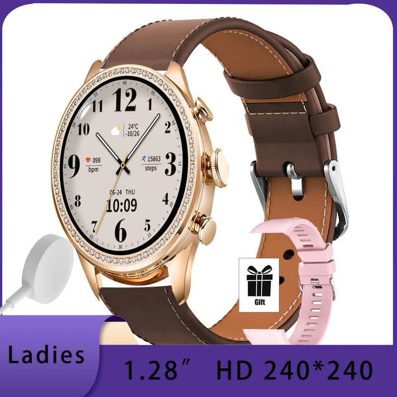 Relógio Smart Feminino 1.28” HD com Chamadas Bluetooth, Foto Personalizada, Carregamento Sem Fio e Funções Multiesportivas