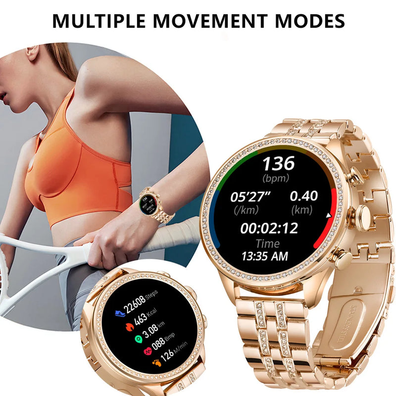 Relógio Smart Feminino 1.28” HD com Chamadas Bluetooth, Foto Personalizada, Carregamento Sem Fio e Funções Multiesportivas